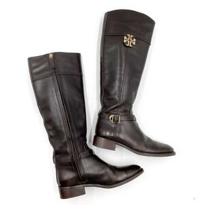 Tory Burch Eloise Riding Boots Leather Dark Brown Knee High Gold Logo Sz 5.5